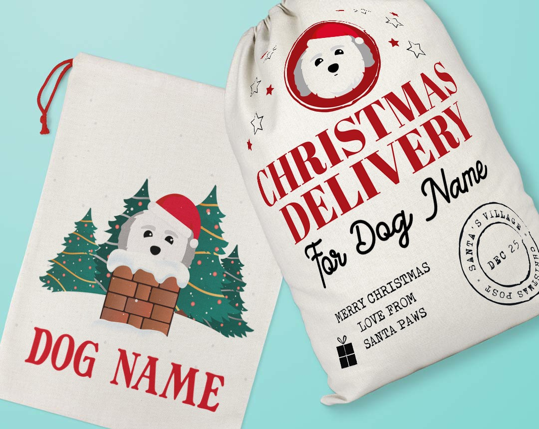 Two santa sacks with personalised dog icons and names
