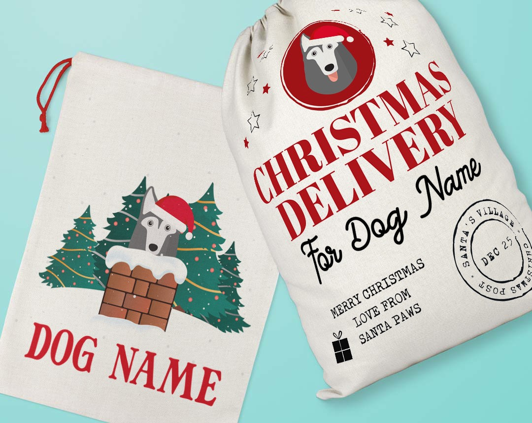 Two santa sacks with personalised dog icons and names