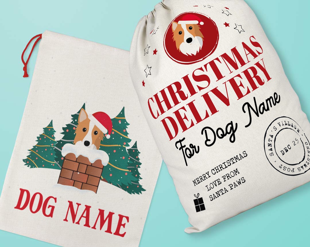 Two personalised santa sacks customised with your dog's name and icon