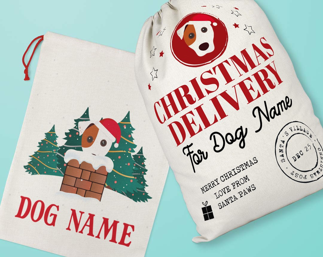 Two personalised santa sacks customised with your dog's name and icon