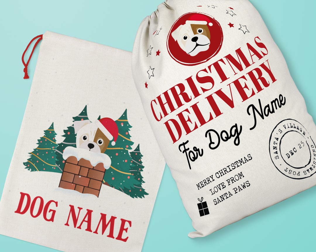Two personalised santa sacks customised with your dog's name and icon