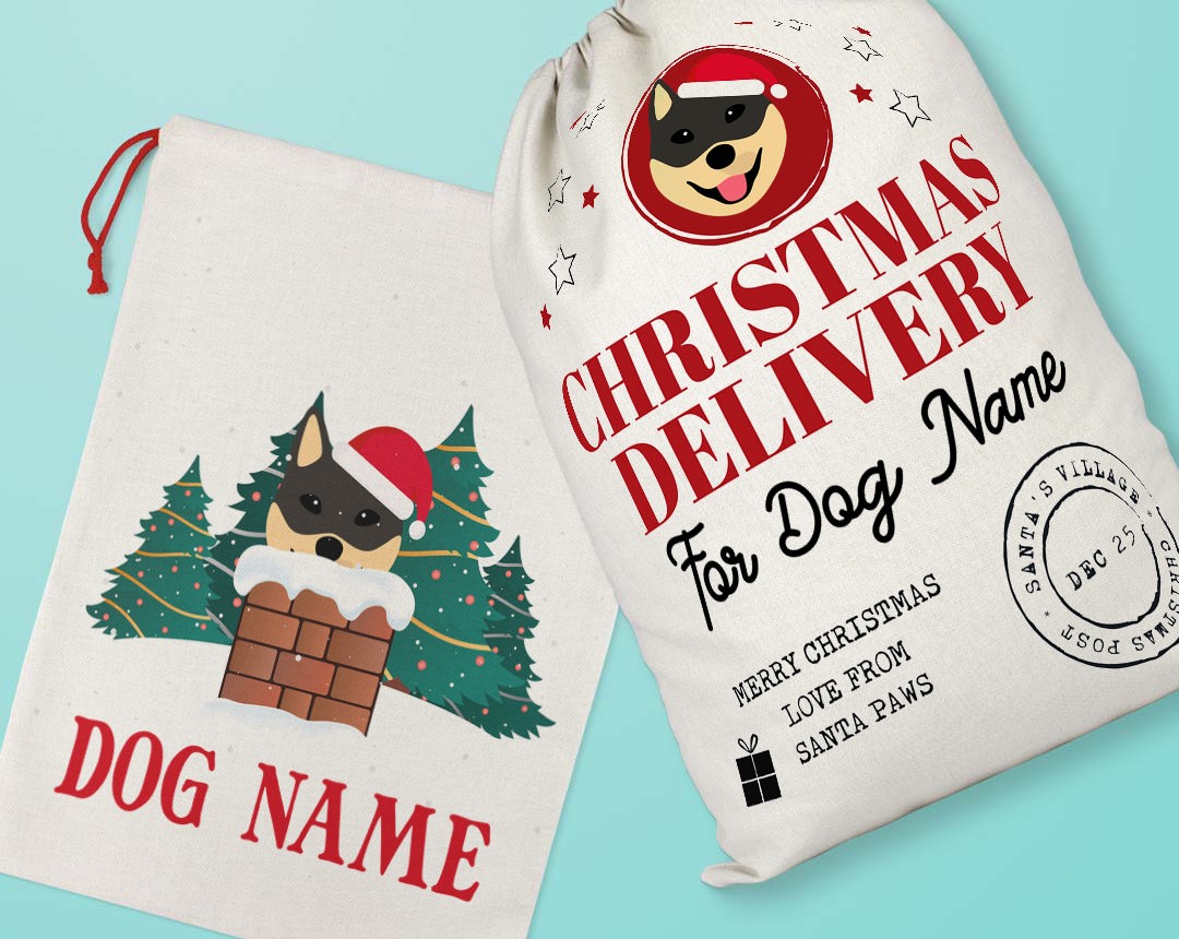 Two personalised santa sacks customised with your dog's name and icon