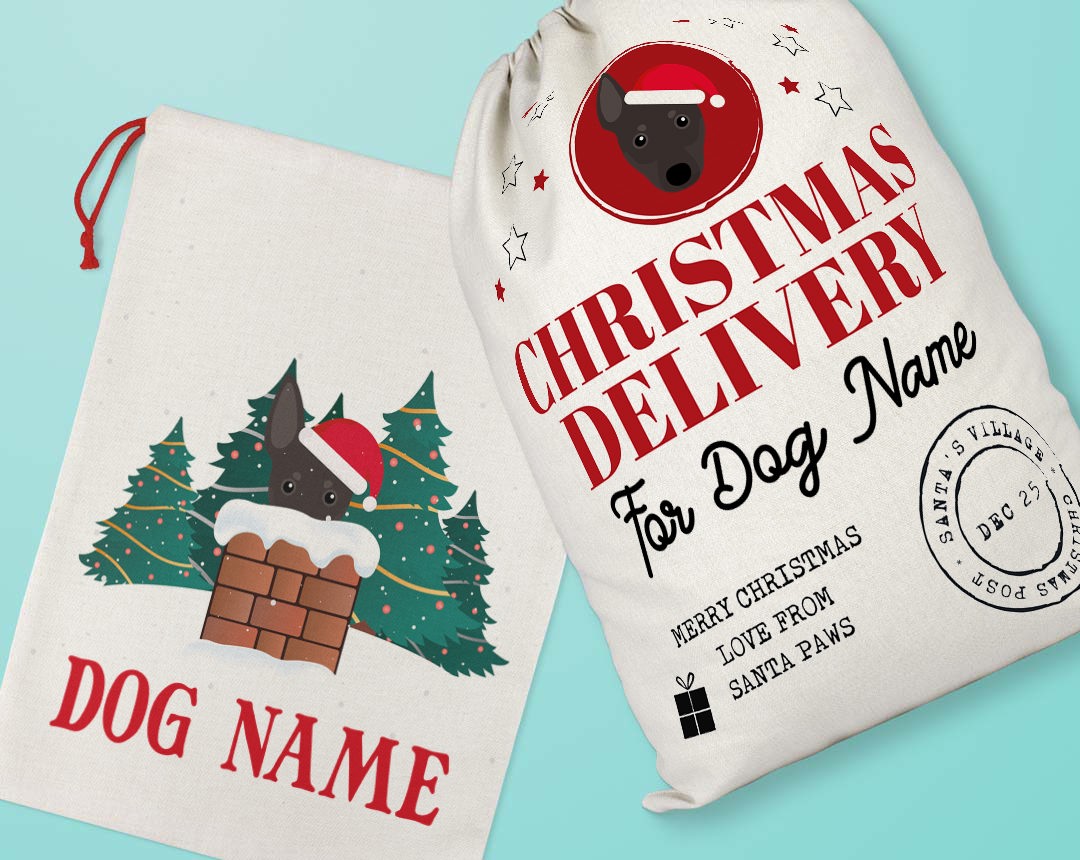 Two personalised santa sacks customised with your dog's name and icon