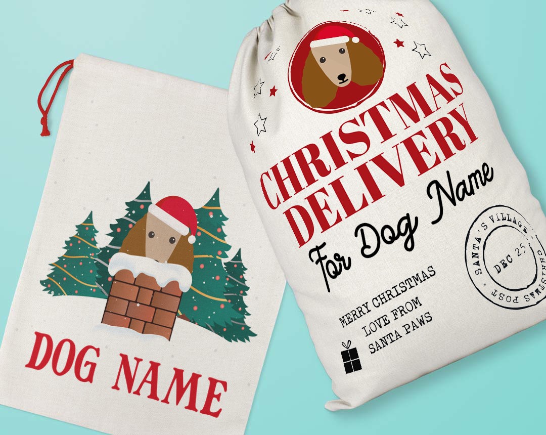 Two personalised santa sacks customised with your dog's name and icon