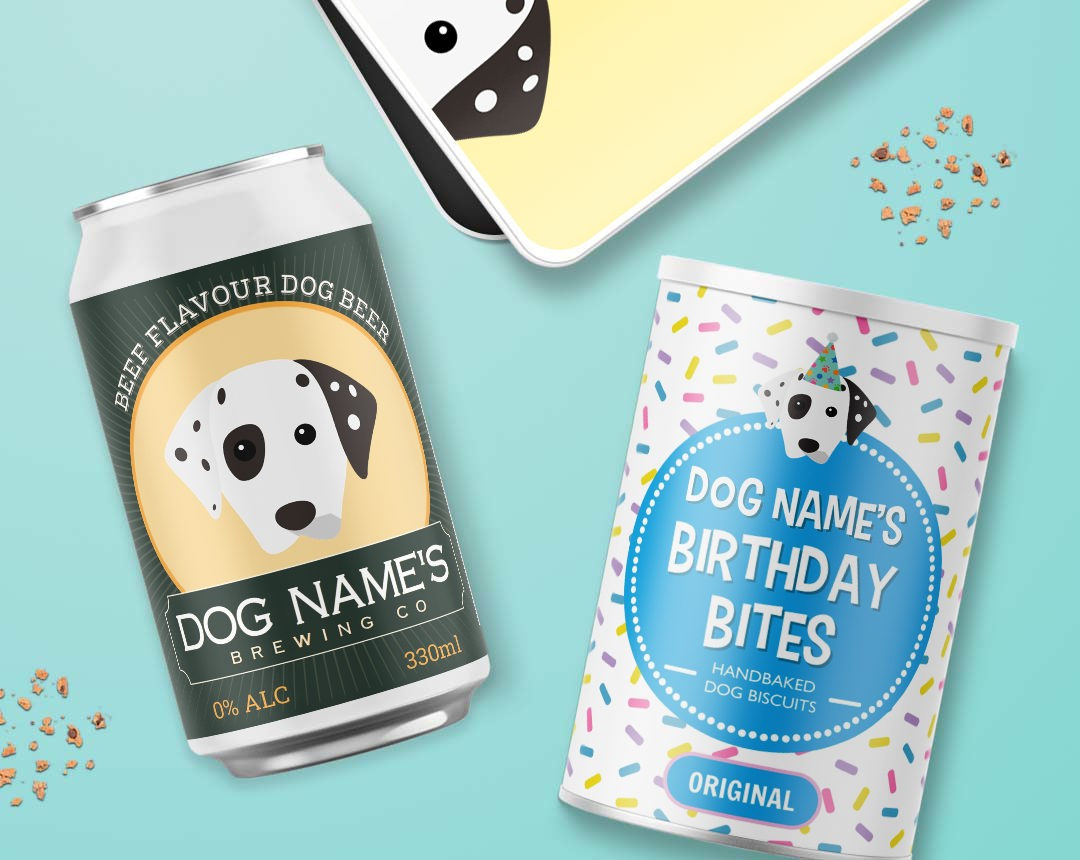 Dog beer, treats and treat tin personalised for your dog