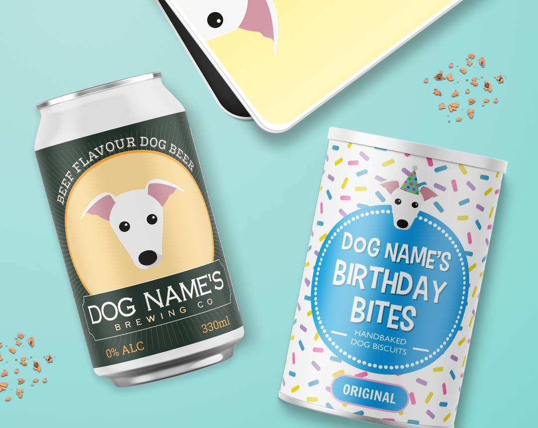 Dog beer, treats and treat tin personalised for your dog