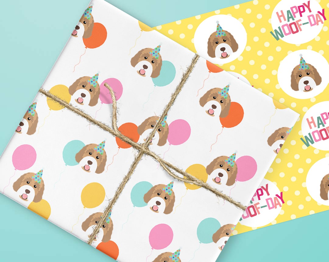 Sheets of wrapping paper personalised with your dog