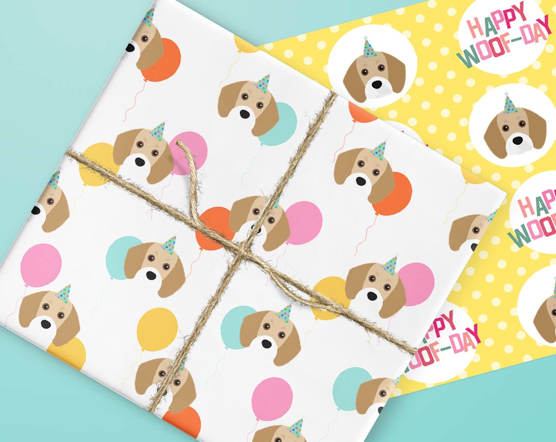 Sheets of wrapping paper personalised with your dog