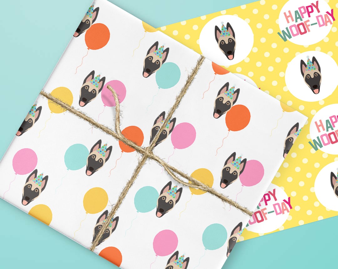 Sheets of wrapping paper personalised with your dog