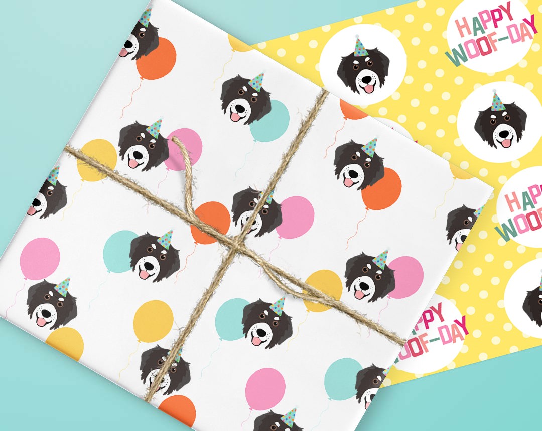 Sheets of wrapping paper personalised with your dog