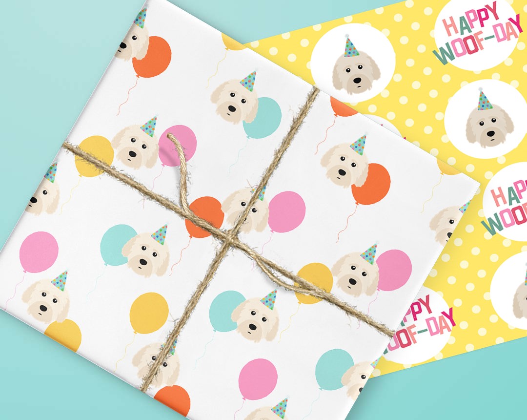 Sheets of wrapping paper personalised with your dog