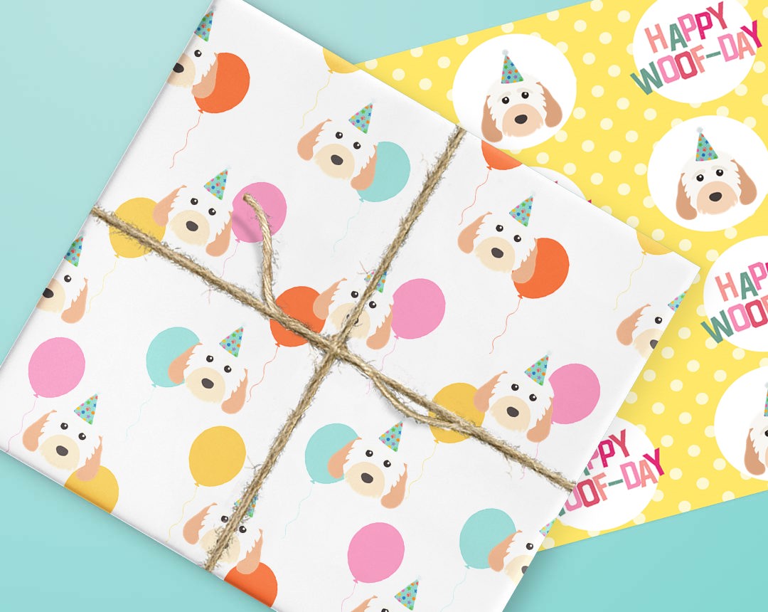 Sheets of wrapping paper personalised with your dog