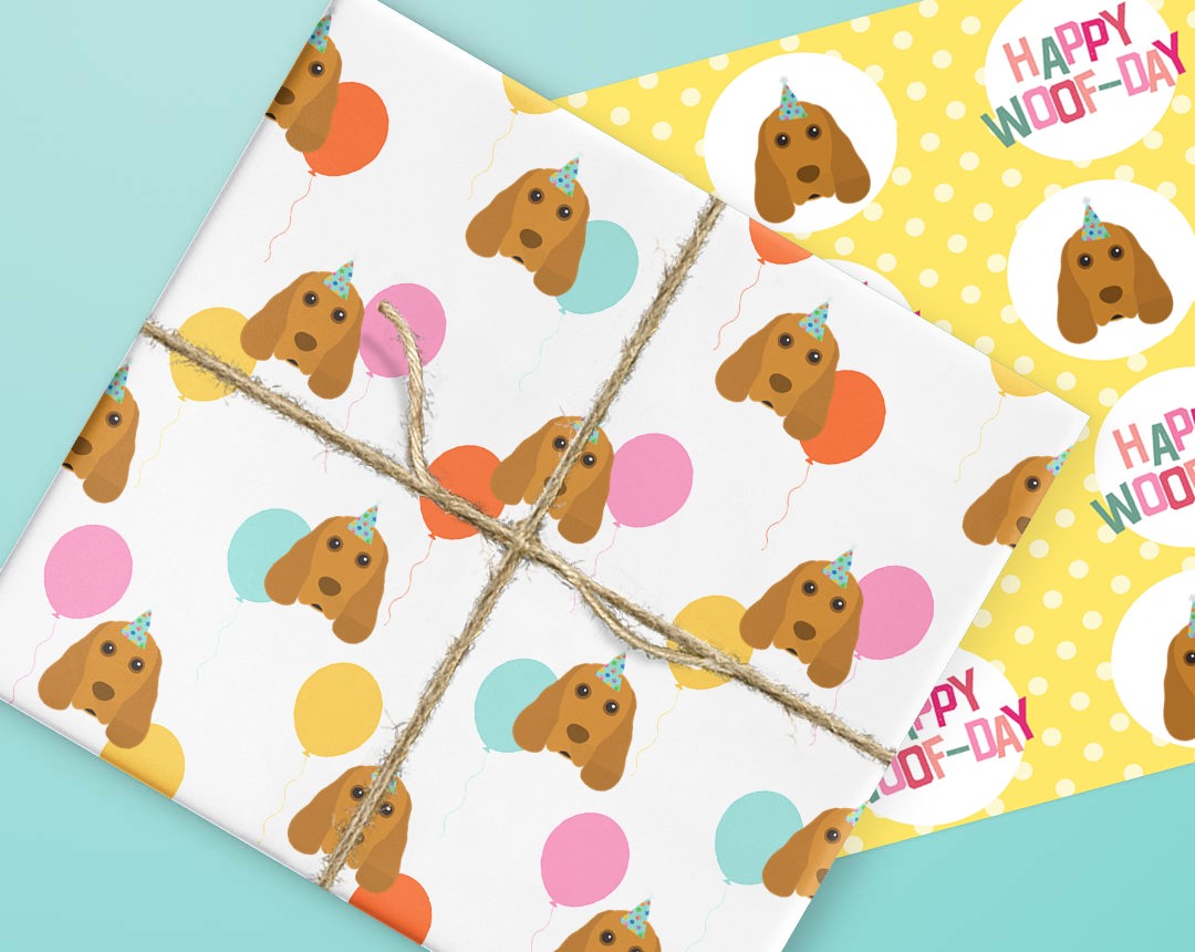 Sheets of wrapping paper personalised with your dog