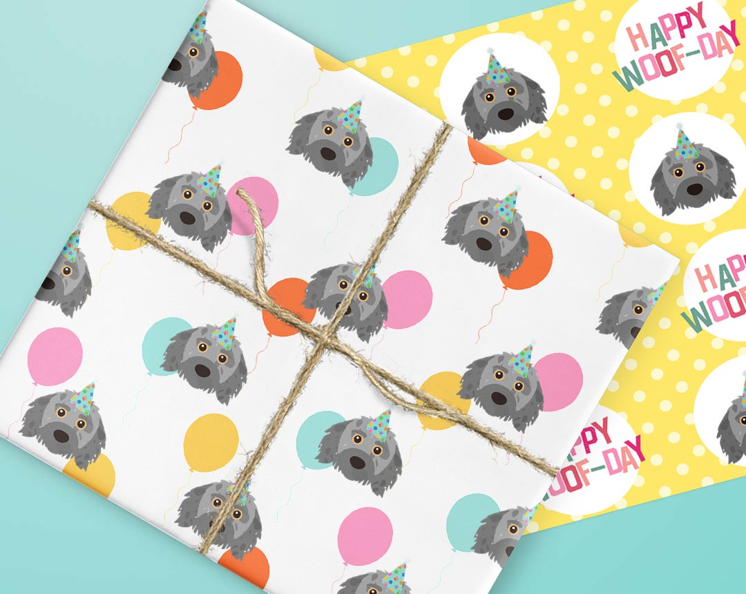 Sheets of wrapping paper personalised with your dog