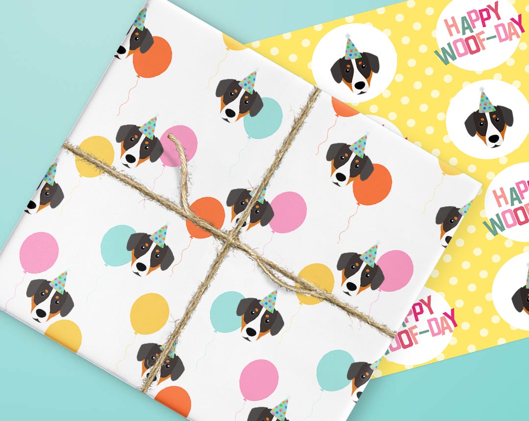 Sheets of wrapping paper personalised with your dog