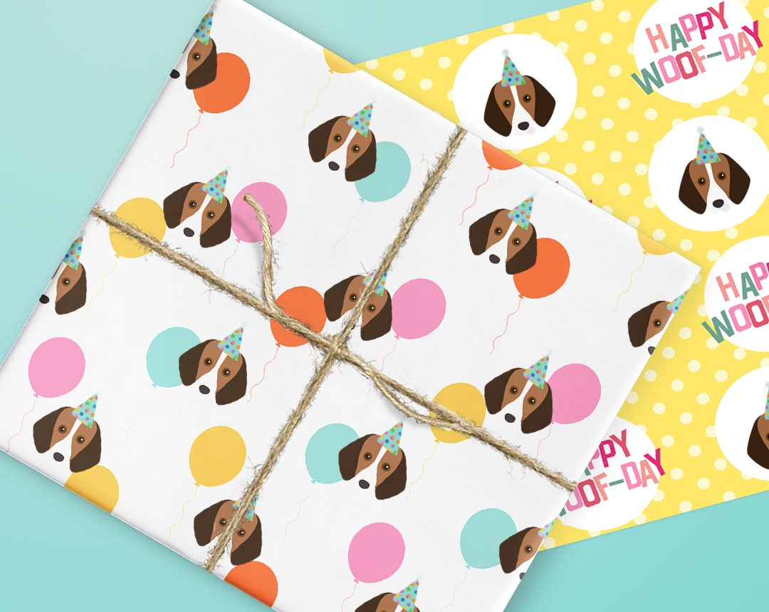 Sheets of wrapping paper personalised with your dog