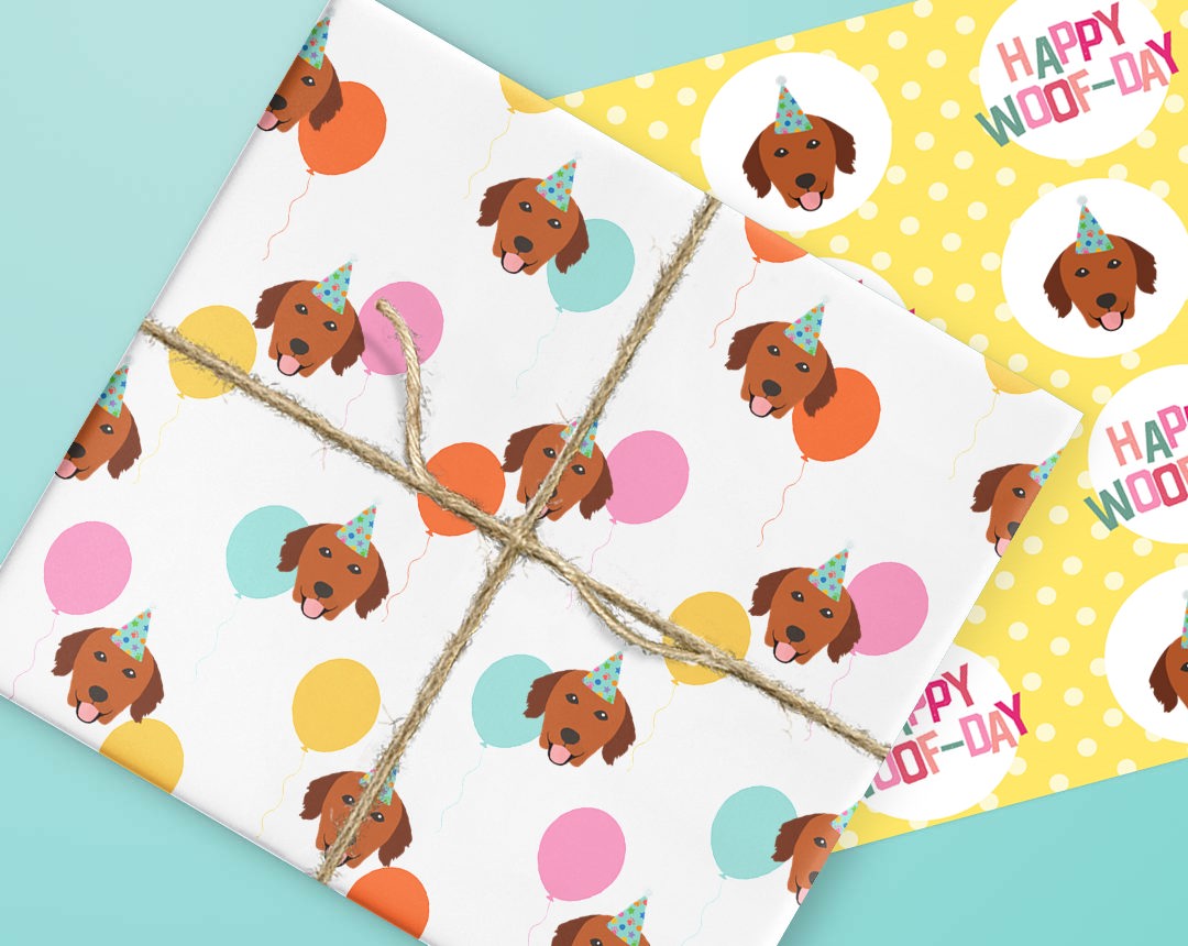 Sheets of wrapping paper personalised with your dog