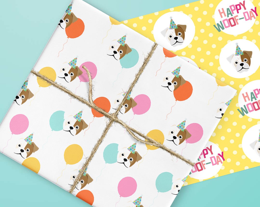 Sheets of wrapping paper personalised with your dog