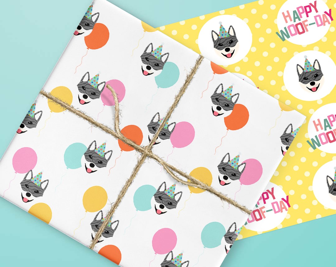 Sheets of wrapping paper personalised with your dog