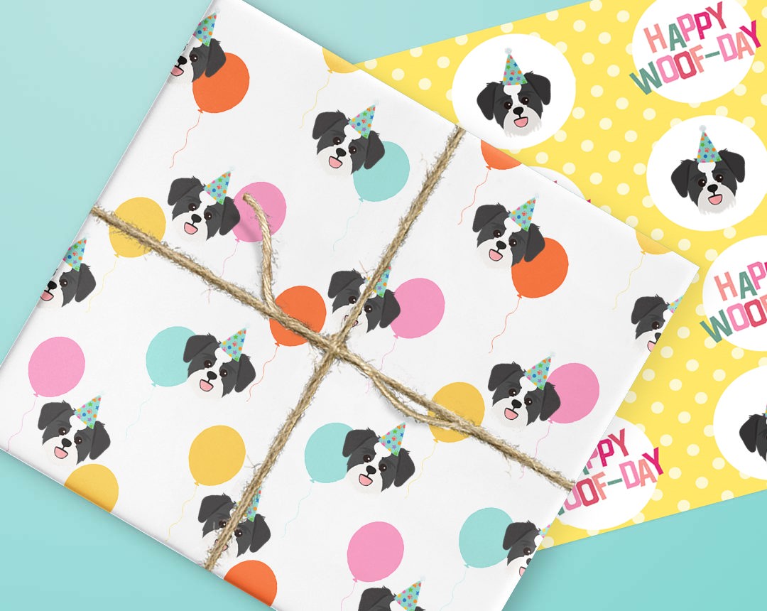 Sheets of wrapping paper personalised with your dog