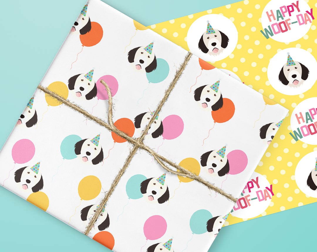 Sheets of wrapping paper personalised with your dog