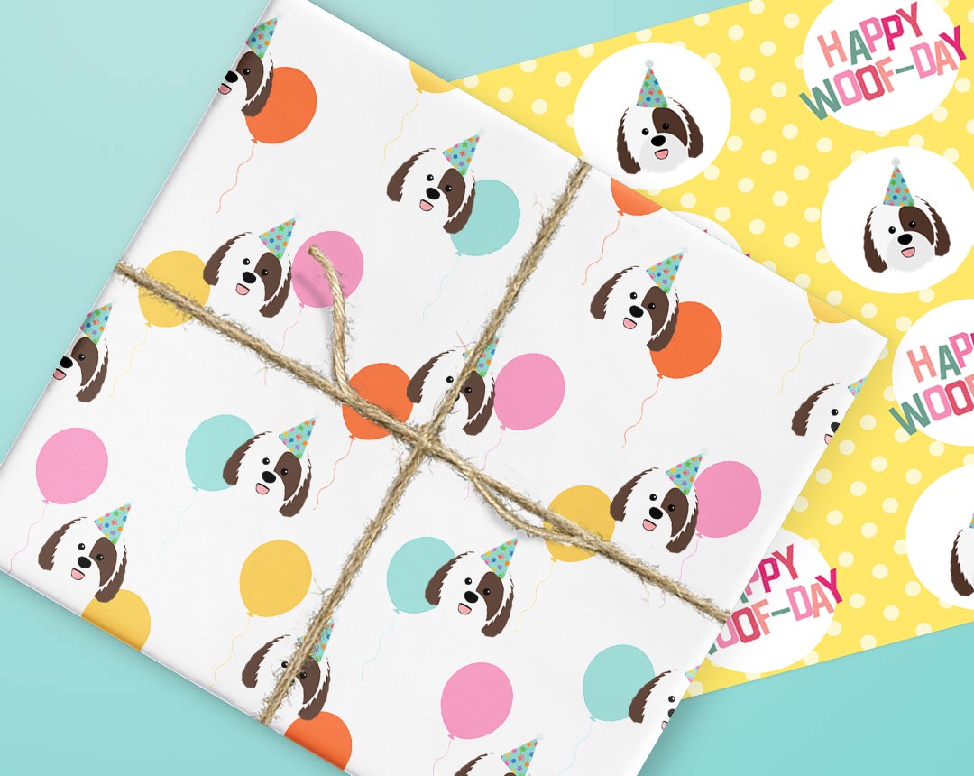 Sheets of wrapping paper personalised with your dog