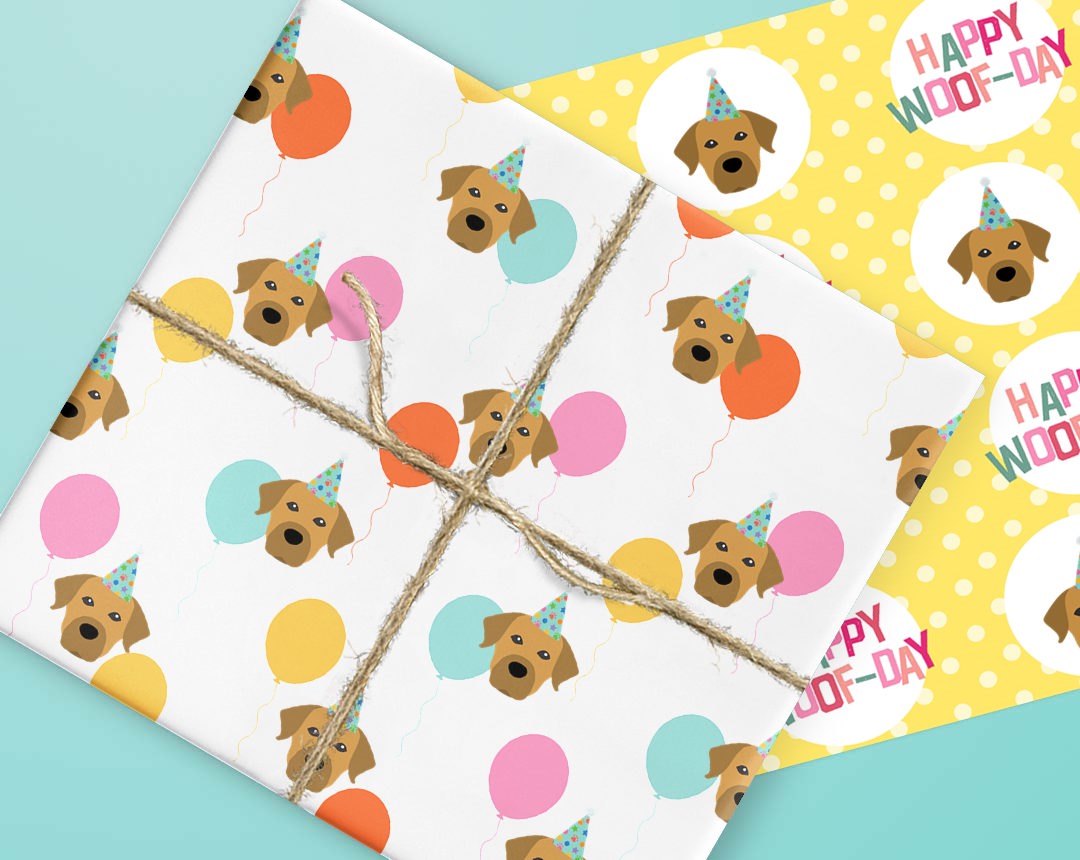 Sheets of wrapping paper personalised with your dog