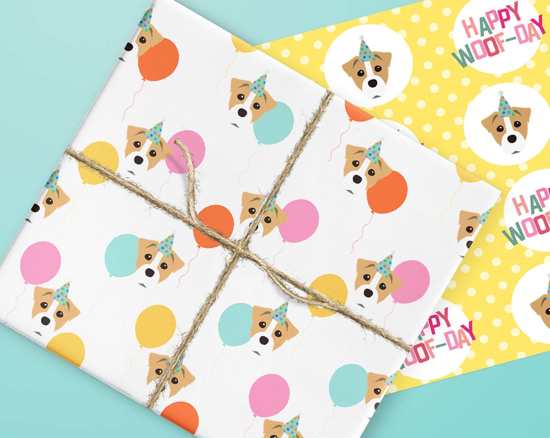 Sheets of wrapping paper personalised with your dog